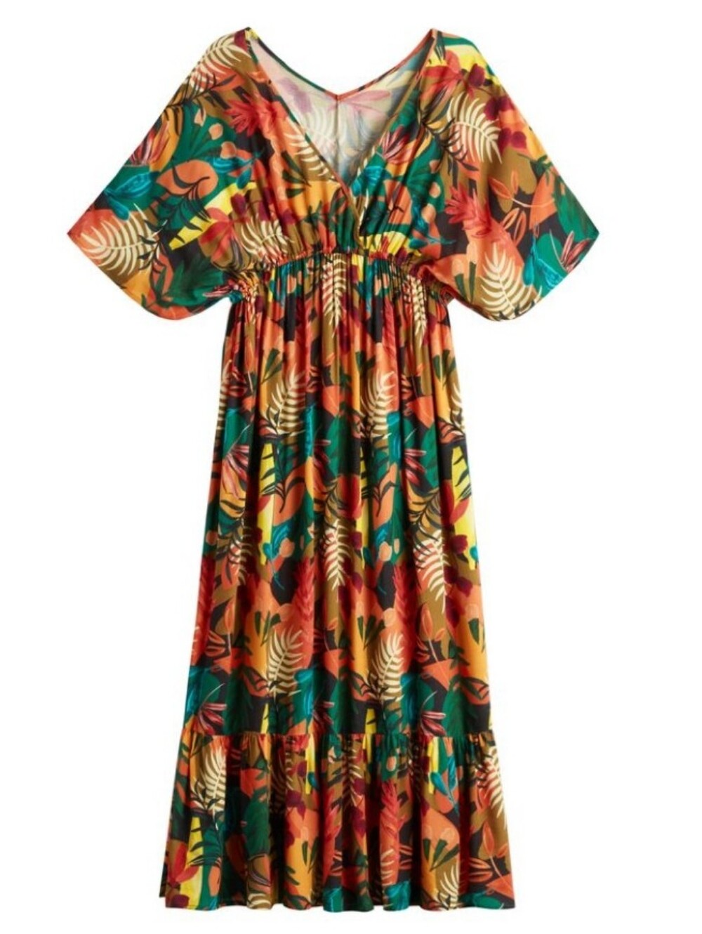 World Market Tropical La Playa Mira Kaftan Floral V-Neck Maxi Dress L/XL Resort